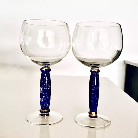Hand-blown Art Deco Wiine Glasses Blue & Gold Stem clear bowl c. 1930 Vintage - Picture 4 of 5